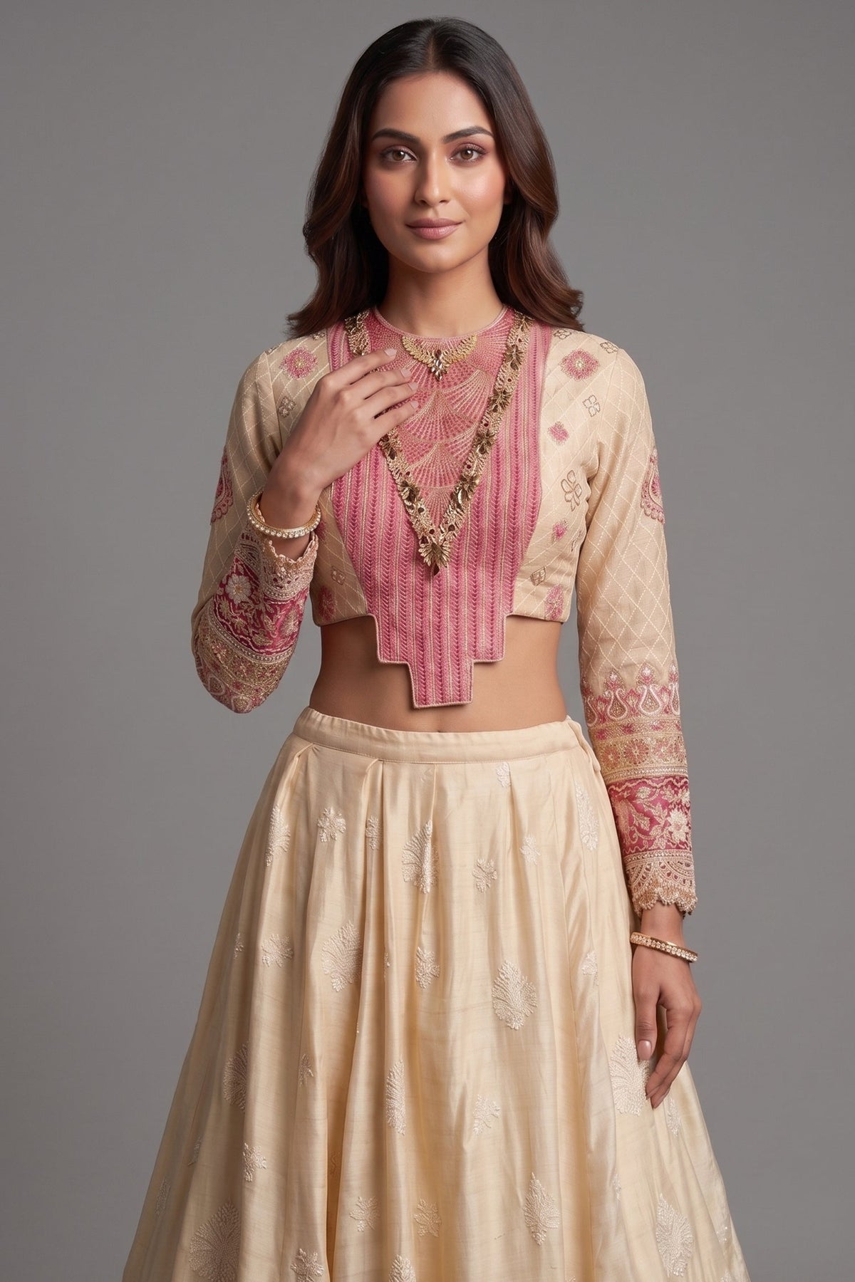 Cream Chanderi Silk Lucknowi Worked Lehenga with Designer Blouse and Bandhej Dupatta