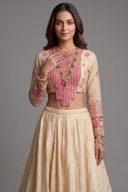 Cream Chanderi Silk Lucknowi Worked Lehenga with Designer Blouse and Bandhej Dupatta