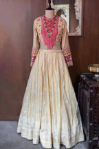 Cream Chanderi Silk Lucknowi Worked Lehenga with Designer Blouse and Bandhej Dupatta