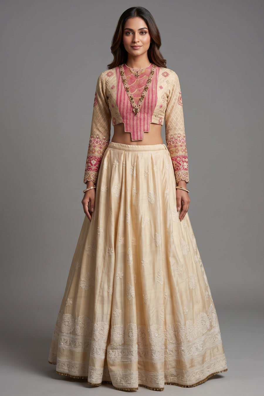 Cream Chanderi Silk Lucknowi Worked Lehenga with Designer Blouse and Bandhej Dupatta from Asopalav