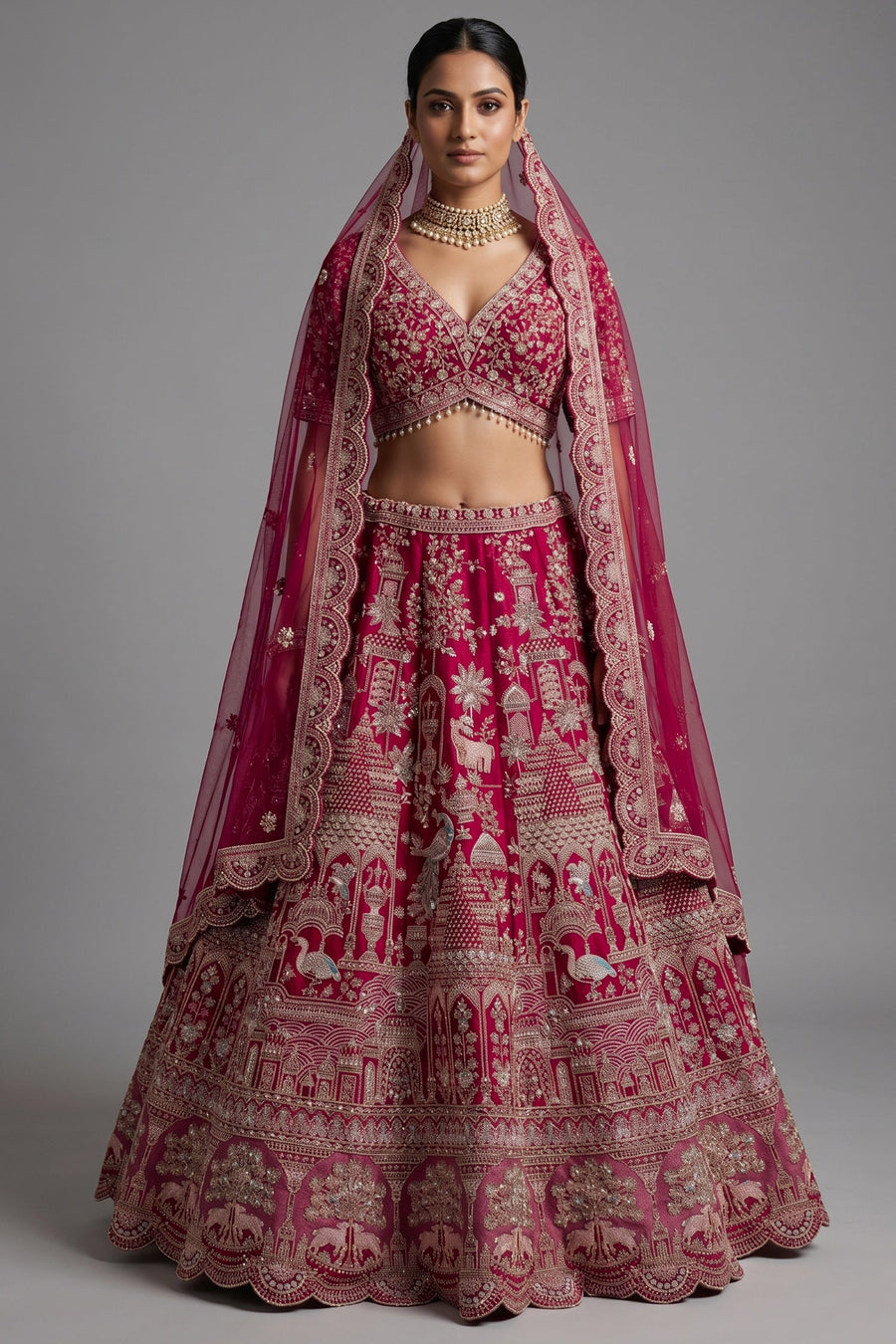 Red Raw Silk Designer Bridal Lehenga with Double Dupatta