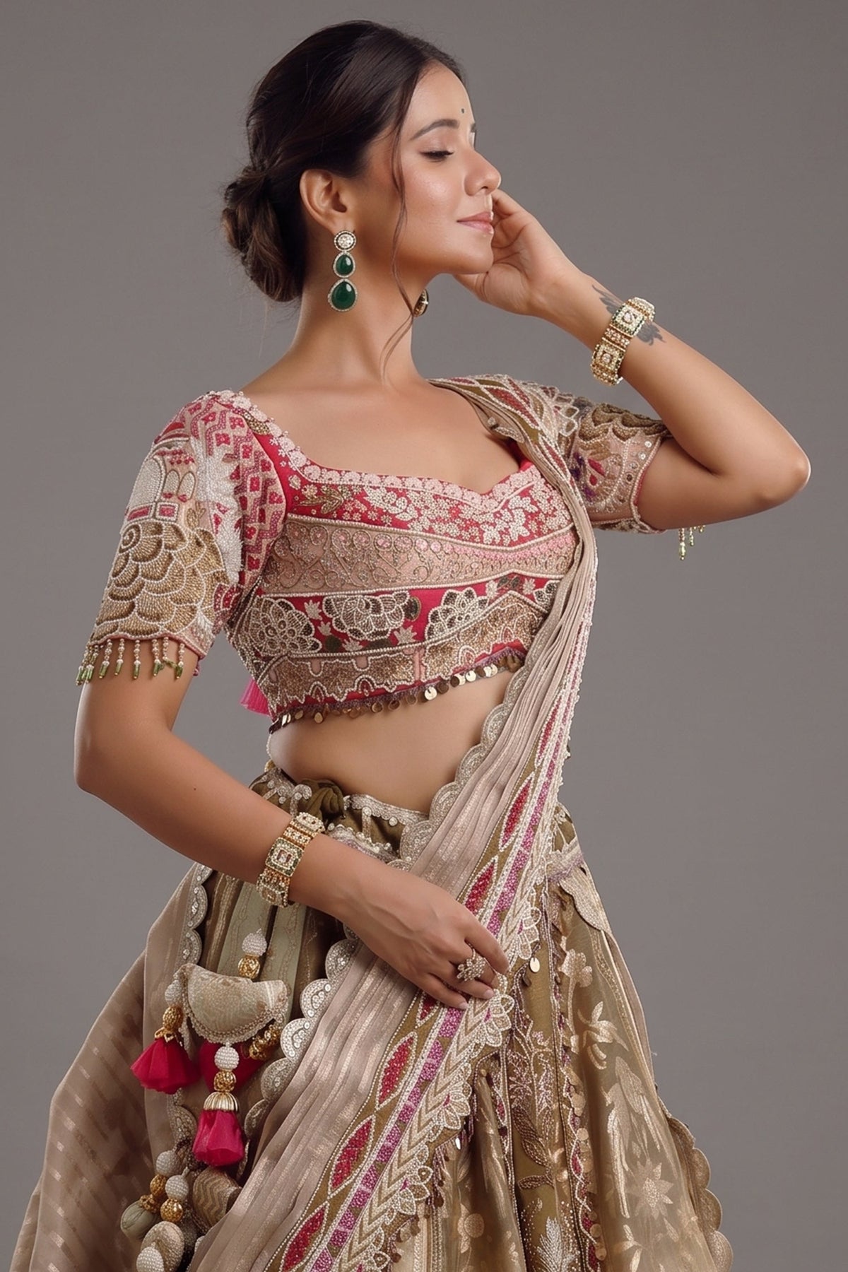 The Olive Green Shaded Brocade Silk Woven Lehenga Ensemble with Jharokha Embroidered Sweetheart Blouse and Attached Organza Dupatta