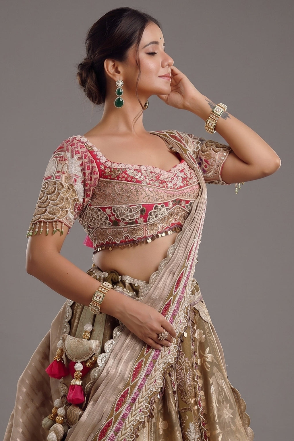 The Olive Green Shaded Brocade Silk Woven Lehenga Ensemble with Jharokha Embroidered Sweetheart Blouse and Attached Organza Dupatta