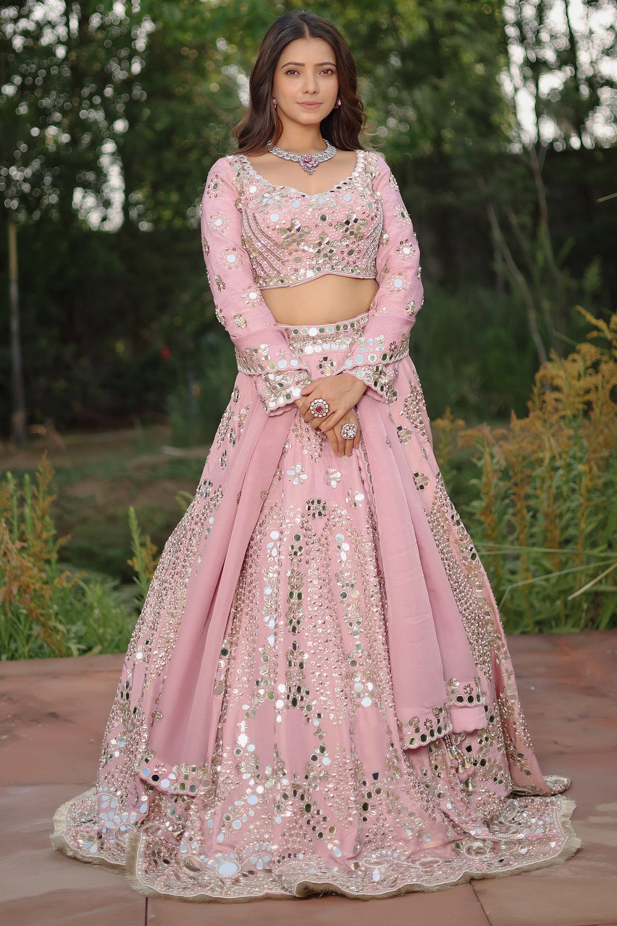 Lilac Pink Tissue Silk Lehenga Ensemble with Scalloped Full-Sleeve Mirror Blouse and Organza Dupatta