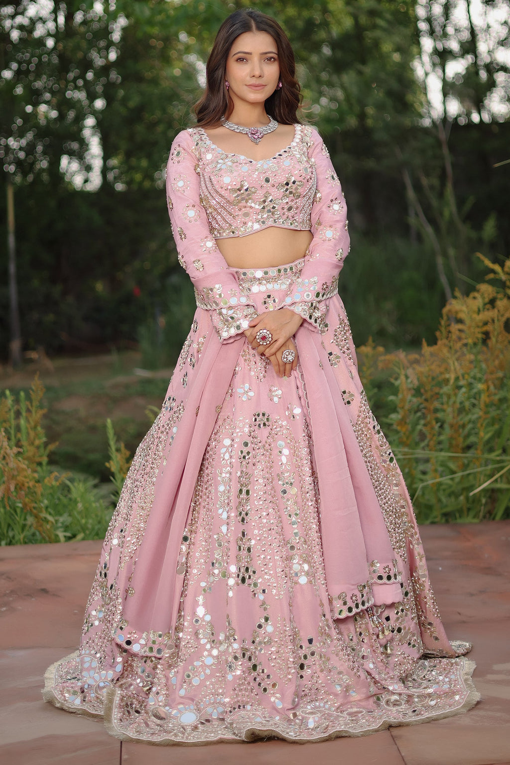 Lilac Pink Tissue Silk Lehenga Ensemble with Scalloped Full-Sleeve Mirror Blouse and Organza Dupatta