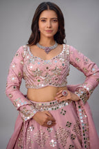Lilac Pink Tissue Silk Lehenga Ensemble with Scalloped Full-Sleeve Mirror Blouse and Organza Dupatta