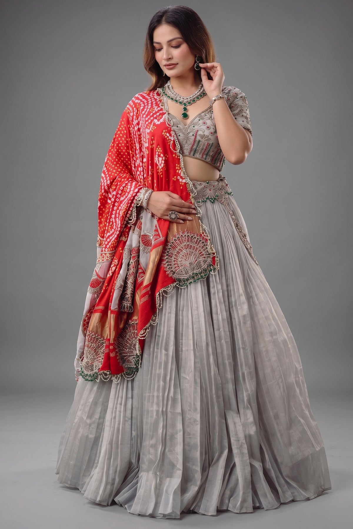 The Imperial Silver Tissue Pleated Lehenga with Coordinated Zardosi Blouse and Handcrafted Gaji Bandhej Patchwork Dupatta