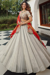 The Imperial Silver Tissue Pleated Lehenga with Coordinated Zardosi Blouse and Handcrafted Gaji Bandhej Patchwork Dupatta