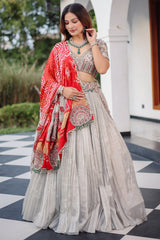 The Imperial Silver Tissue Pleated Lehenga with Coordinated Zardosi Blouse and Handcrafted Gaji Bandhej Patchwork Dupatta