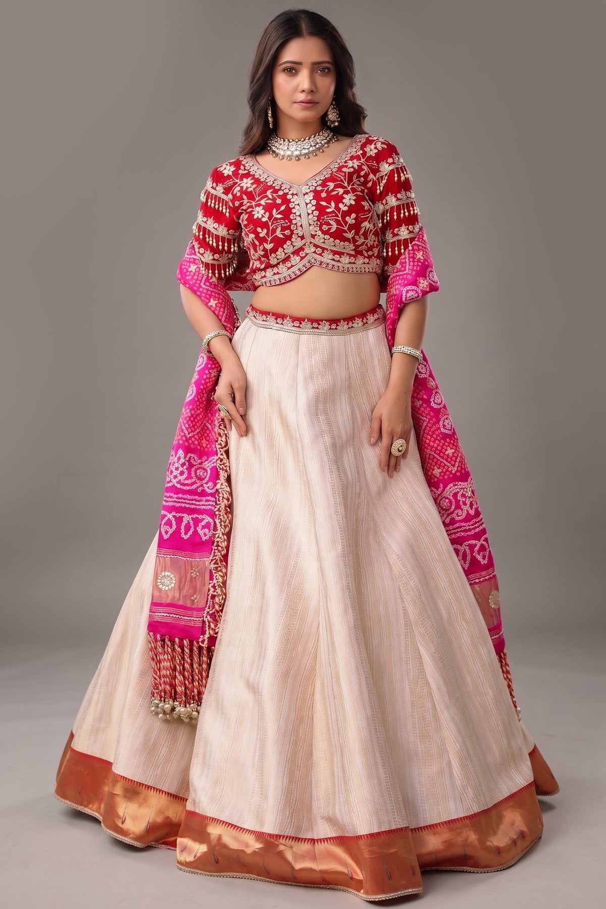 The Cream Silk Paithani Border Lehenga with Peacock Motif Gota Choli and Pink Gaji Bandhej Dupatta