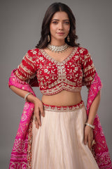 The Cream Silk Paithani Border Lehenga with Peacock Motif Gota Choli and Pink Gaji Bandhej Dupatta