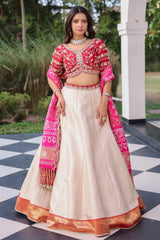 The Cream Silk Paithani Border Lehenga with Peacock Motif Gota Choli and Pink Gaji Bandhej Dupatta