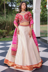 The Cream Silk Paithani Border Lehenga with Peacock Motif Gota Choli and Pink Gaji Bandhej Dupatta