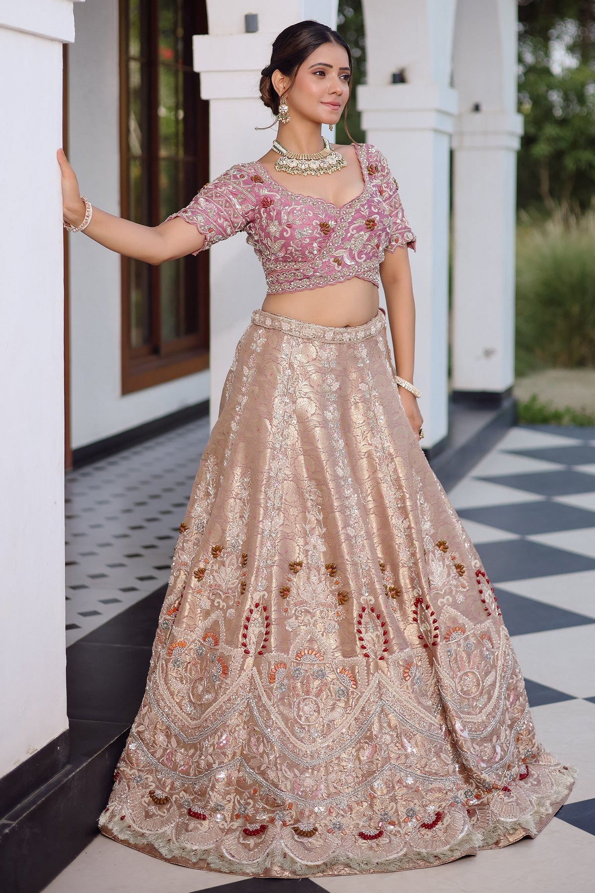The Onion Pink Banarasi Brocade Silk Lehenga with Scalloped Crossover Choli and Handwork