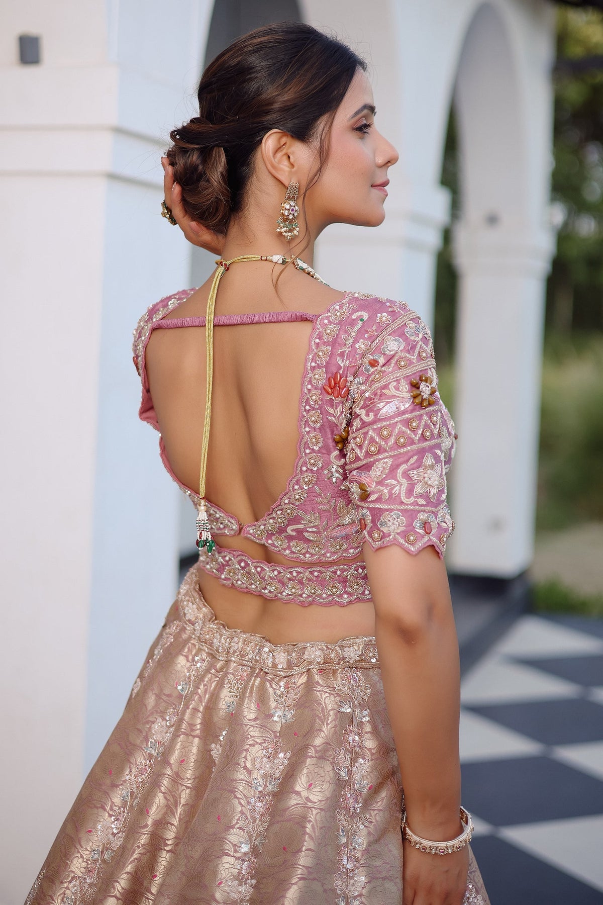 The Onion Pink Banarasi Brocade Silk Lehenga with Scalloped Crossover Choli and Handwork