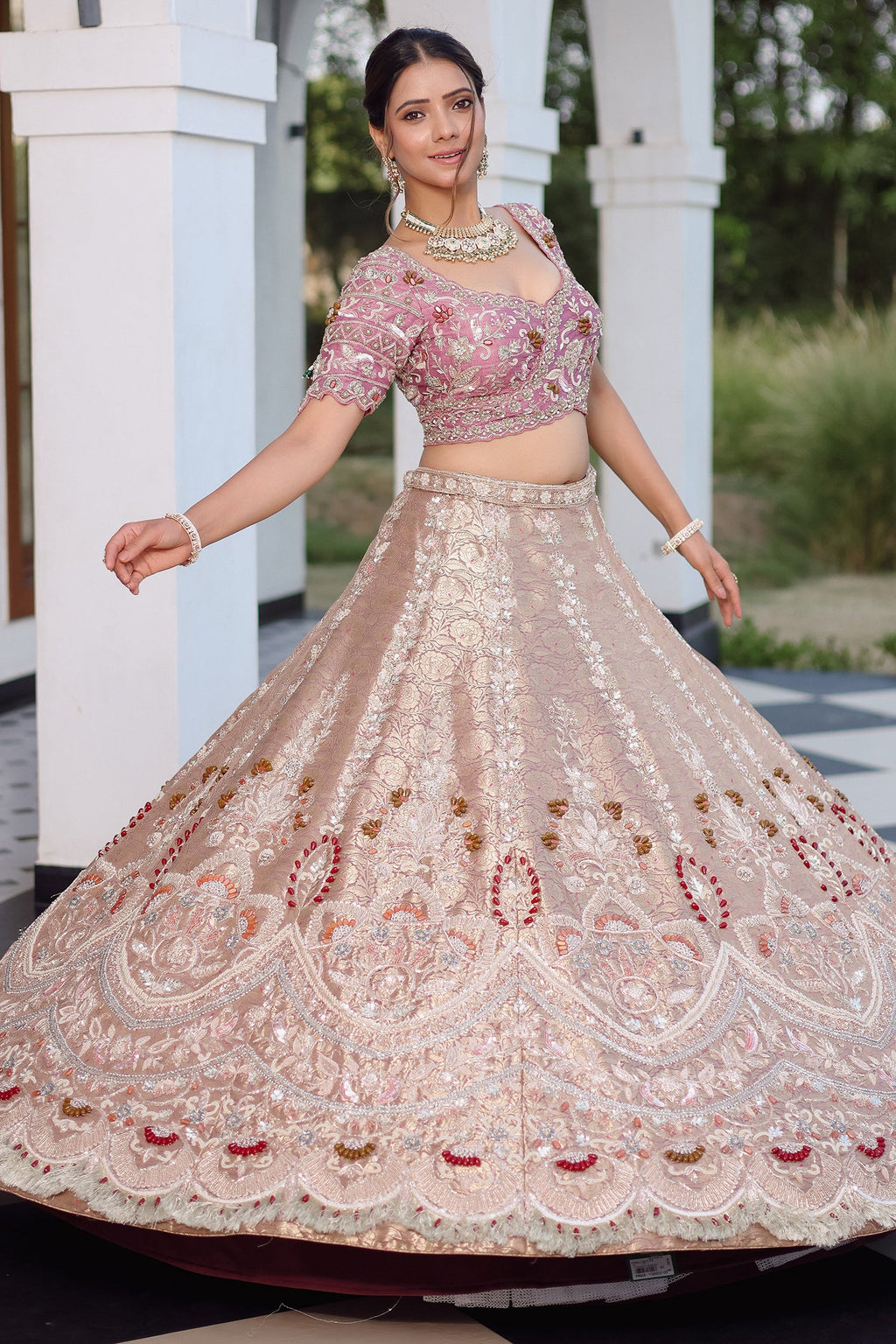 The Onion Pink Banarasi Brocade Silk Lehenga with Scalloped Crossover Choli and Handwork