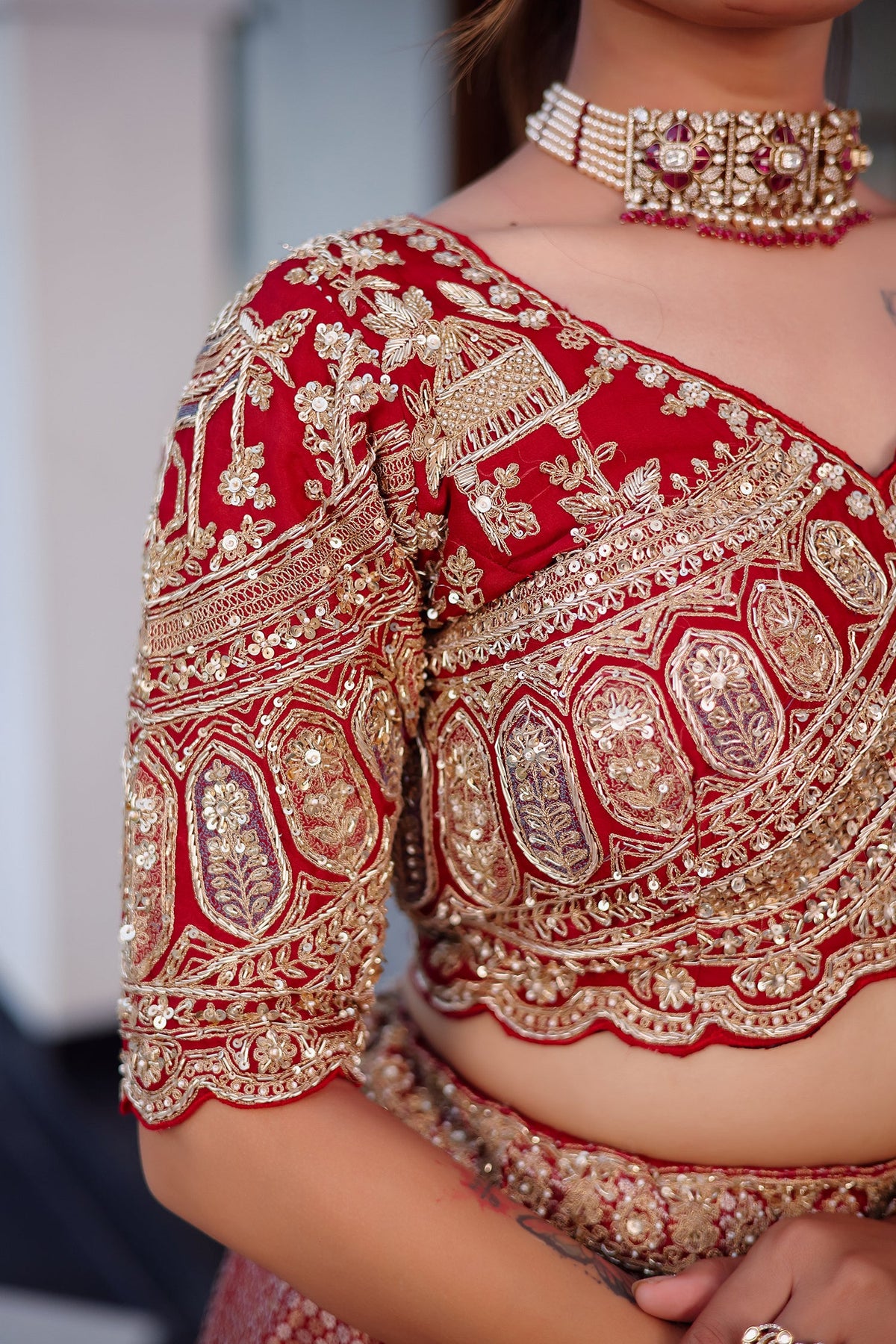 The Majestic Maroon Banarasi Silk Bridal Lehenga Ensemble with Jharokha Zardosi Blouse and Sheer Scalloped Veil