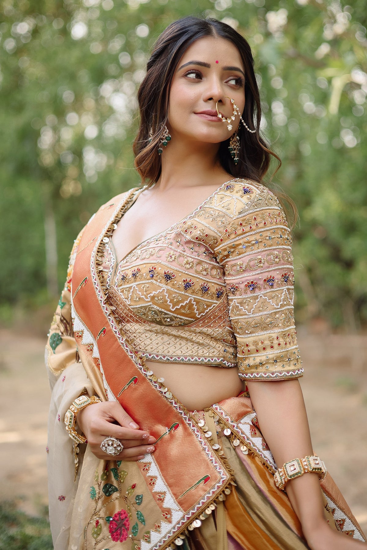 The Multi-Chromatic Tissue Silk Shikargah Lehenga with Chevron Hand-Embellished Choli