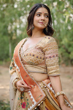 The Multi-Chromatic Tissue Silk Shikargah Lehenga with Chevron Hand-Embellished Choli