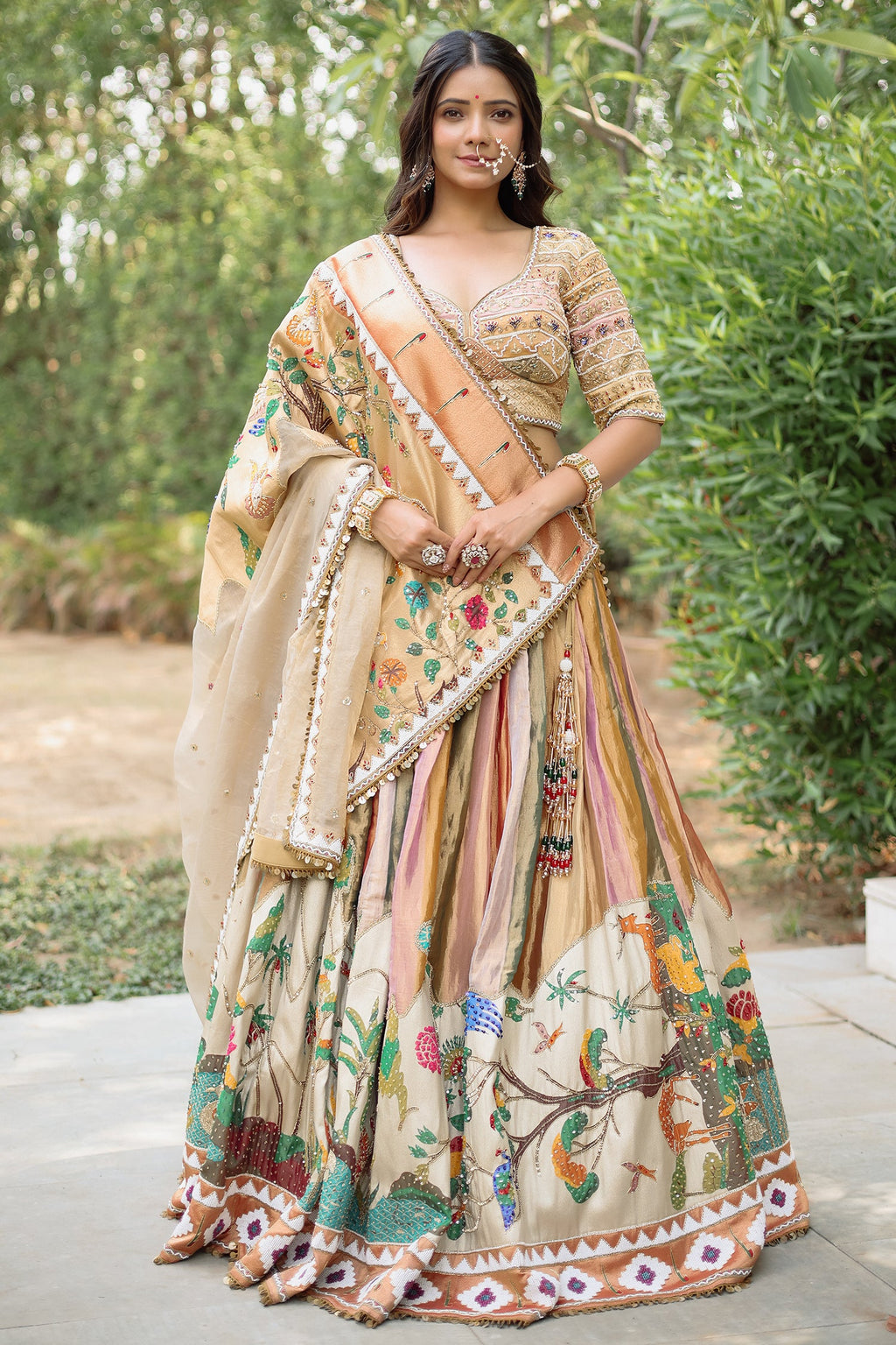 The Multi-Chromatic Tissue Silk Shikargah Lehenga with Chevron Hand-Embellished Choli