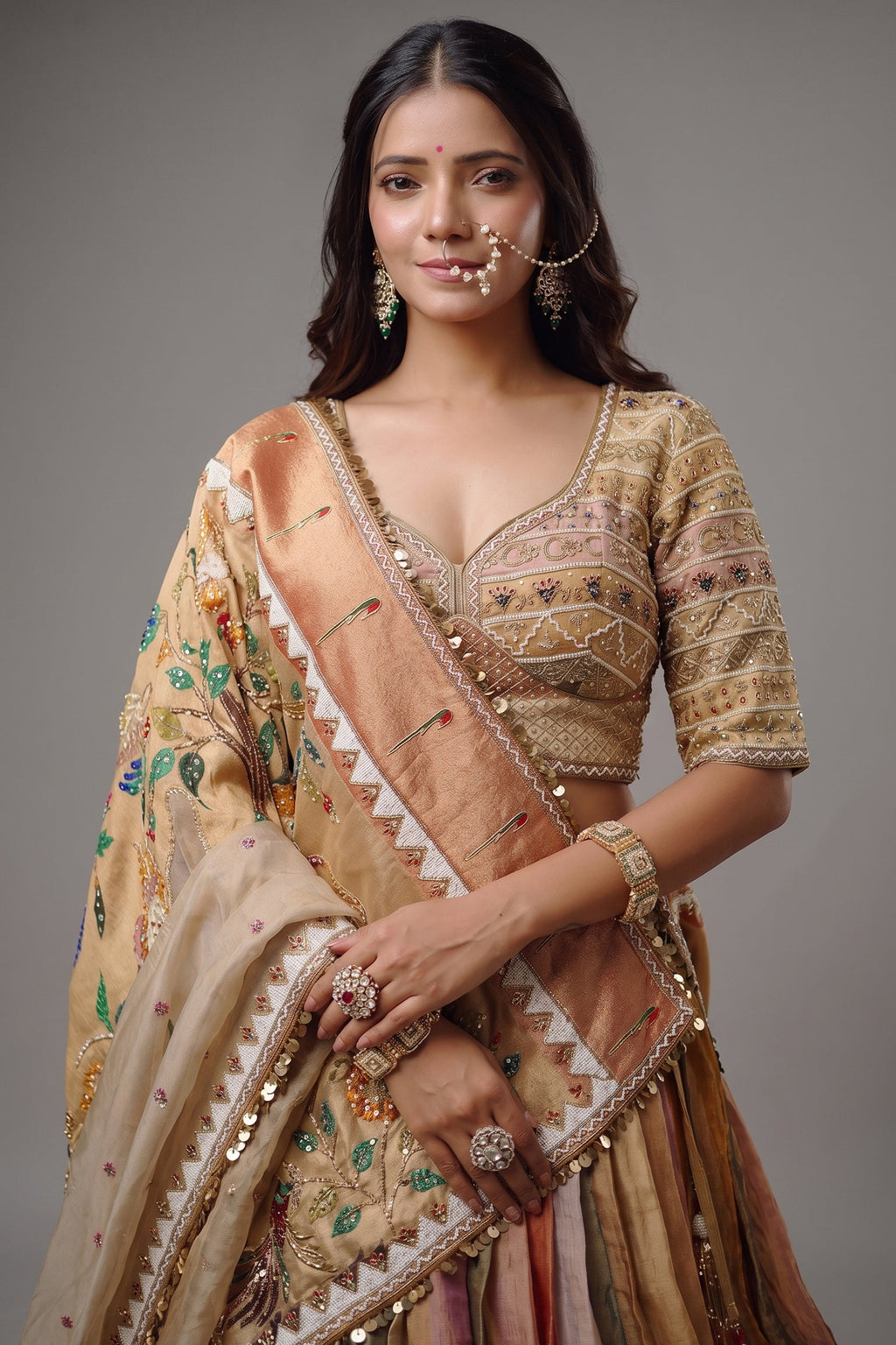 The Multi-Chromatic Tissue Silk Shikargah Lehenga with Chevron Hand-Embellished Choli