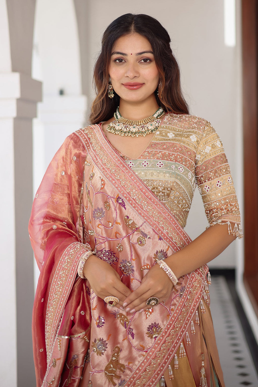 The Multi-Chromatic Panel Tissue Silk Lehenga with Embellished Embroidered Choli and Rose Paithani Border Dupatta