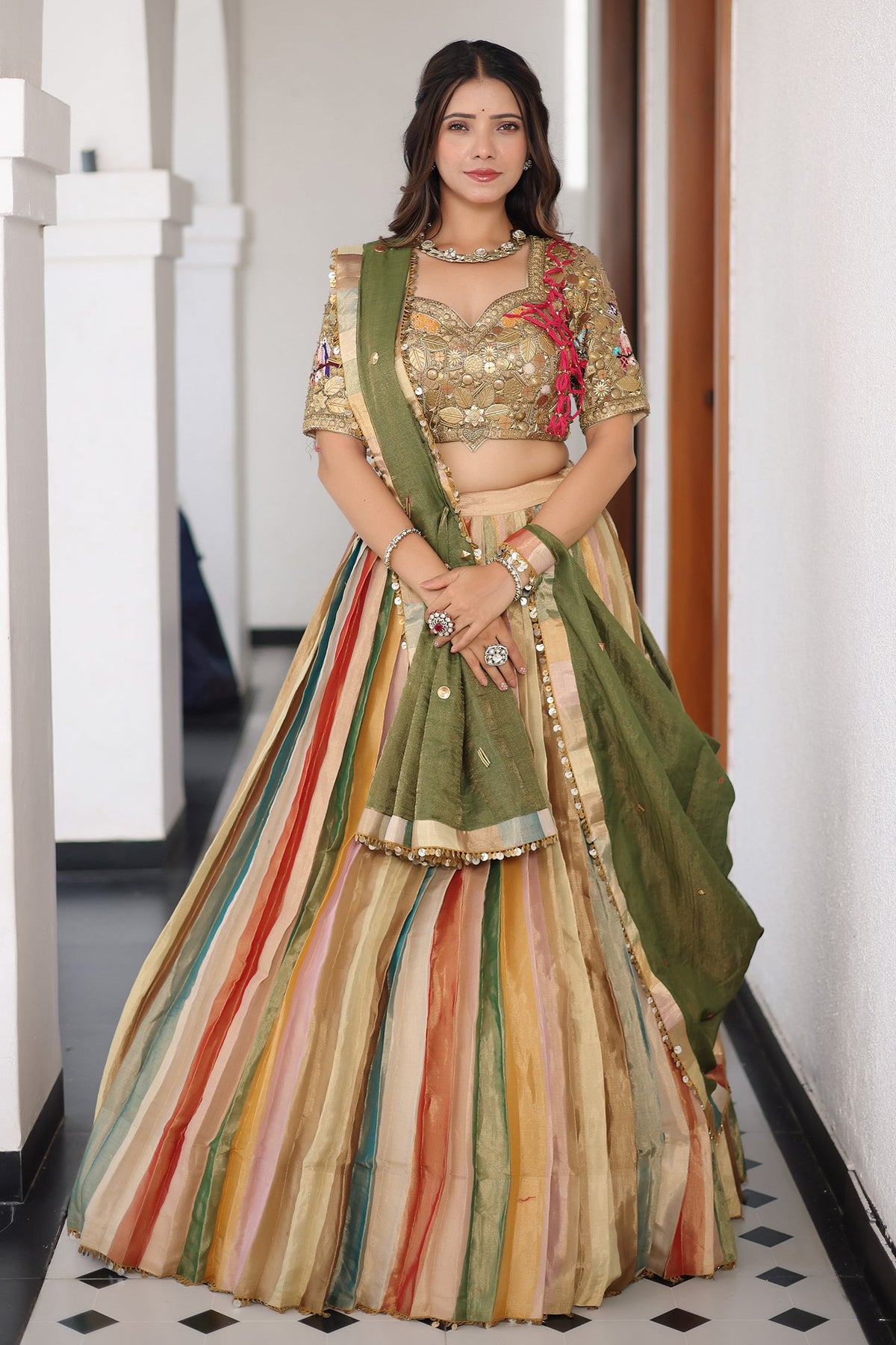 Multi Colored Tissue Silk Lehenga with Embellished Metal Work Blouse