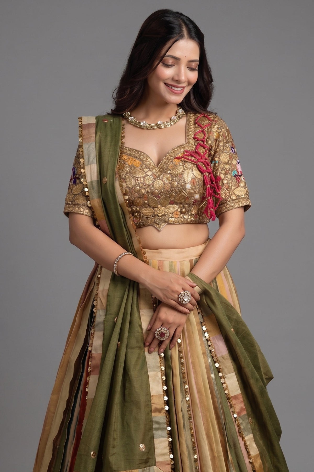 Multi Colored Tissue Silk Lehenga with Embellished Metal Work Blouse