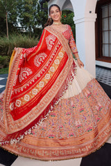 Cream Tissue Silk Paithani Wrave Lehenga with Embellished Bead Work and Bandhej Dupatta
