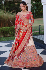 Cream Tissue Silk Paithani Wrave Lehenga with Embellished Bead Work and Bandhej Dupatta