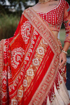 Cream Tissue Silk Paithani Wrave Lehenga with Embellished Bead Work and Bandhej Dupatta