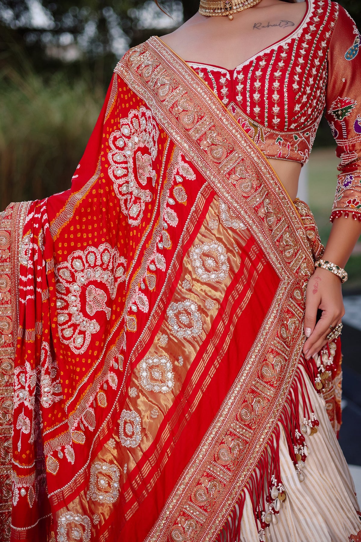 Cream Tissue Silk Paithani Wrave Lehenga with Embellished Bead Work and Bandhej Dupatta