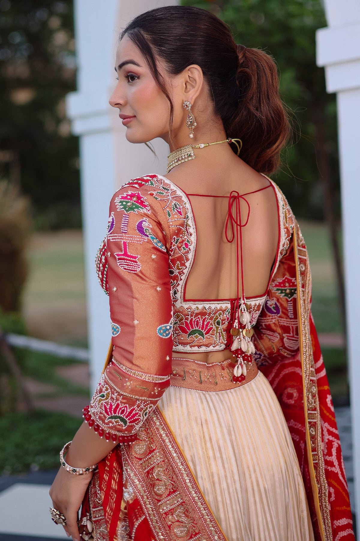 Cream Tissue Silk Paithani Wrave Lehenga with Embellished Bead Work and Bandhej Dupatta