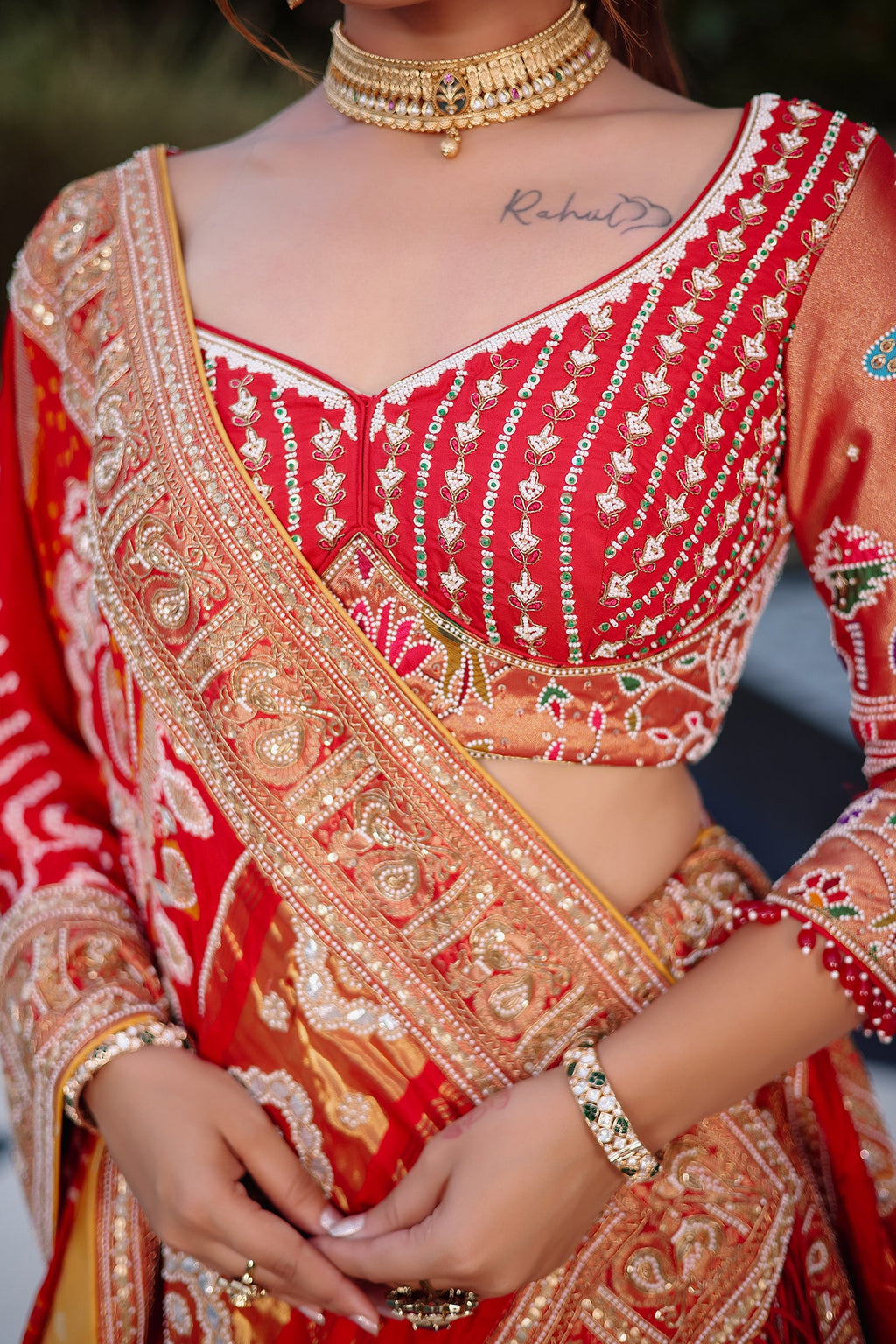 Cream Tissue Silk Paithani Wrave Lehenga with Embellished Bead Work and Bandhej Dupatta