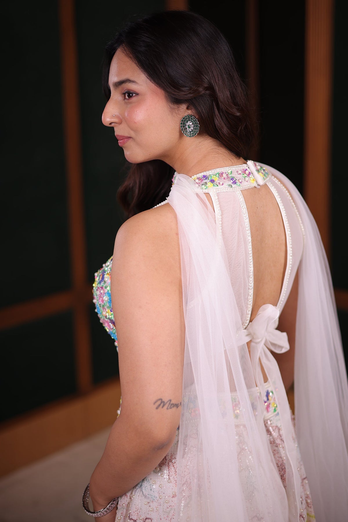 Ivory Crepe and Multi Colored Silk Floral Print Sequin Lehenga with Cutdana Net Choker Dupatta and Illusion Tie-Back