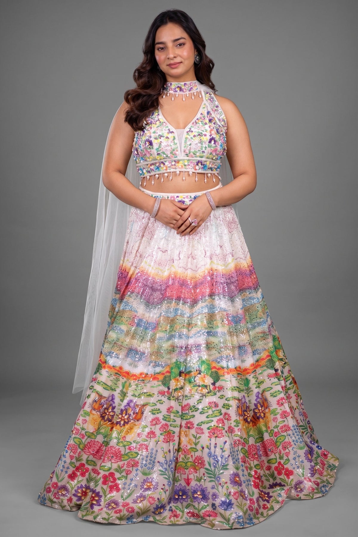 Ivory Crepe and Multi Colored Silk Floral Print Sequin Lehenga with Cutdana Net Choker Dupatta and Illusion Tie-Back