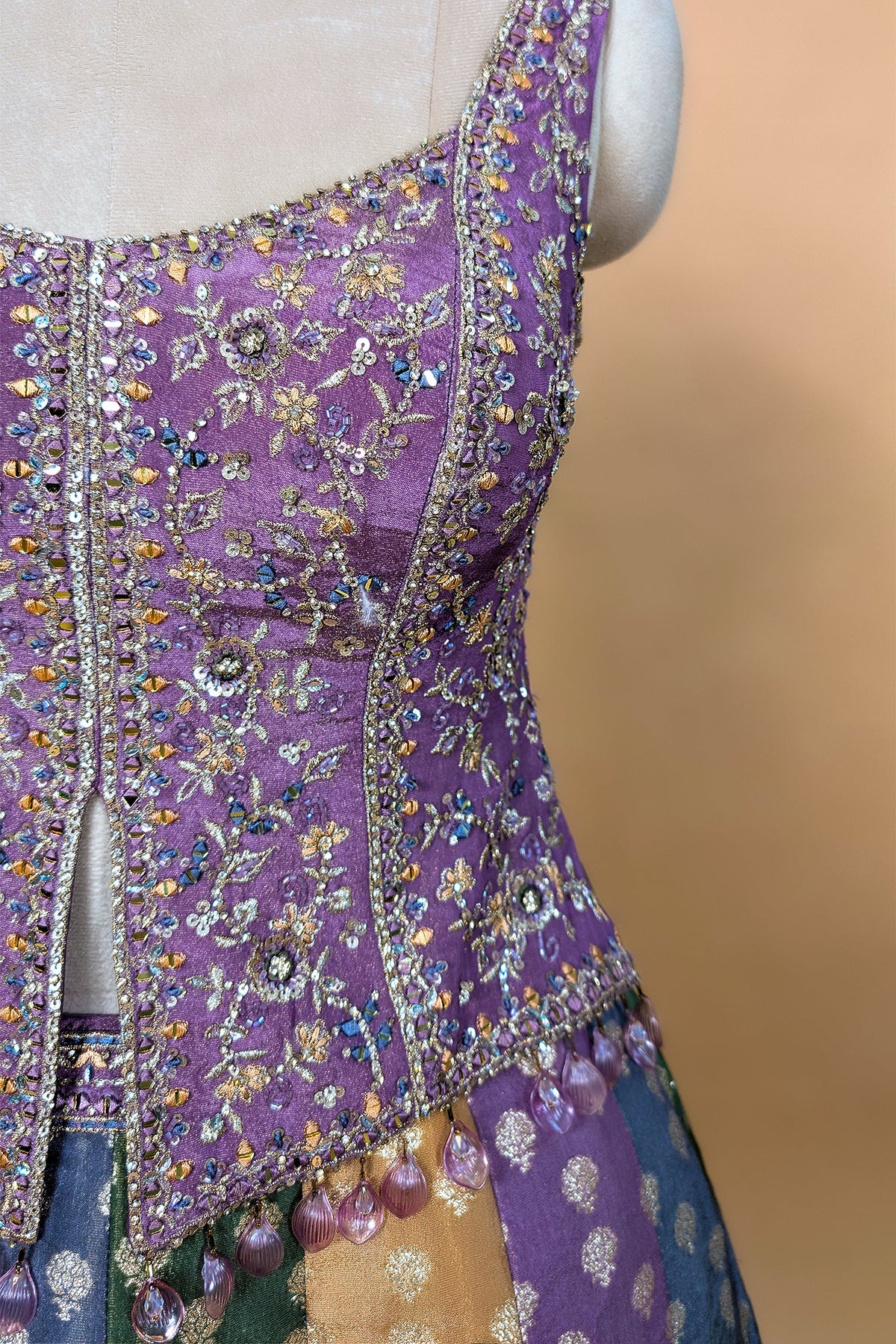 Multi-Tone Shaded Tissue Woven Lehenga Skirt with Lavender Hand-Embroidered Silk Corset Blouse