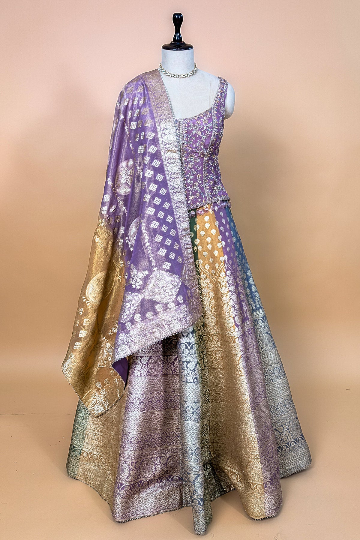 Multi-Tone Shaded Tissue Woven Lehenga Skirt with Lavender Hand-Embroidered Silk Corset Blouse