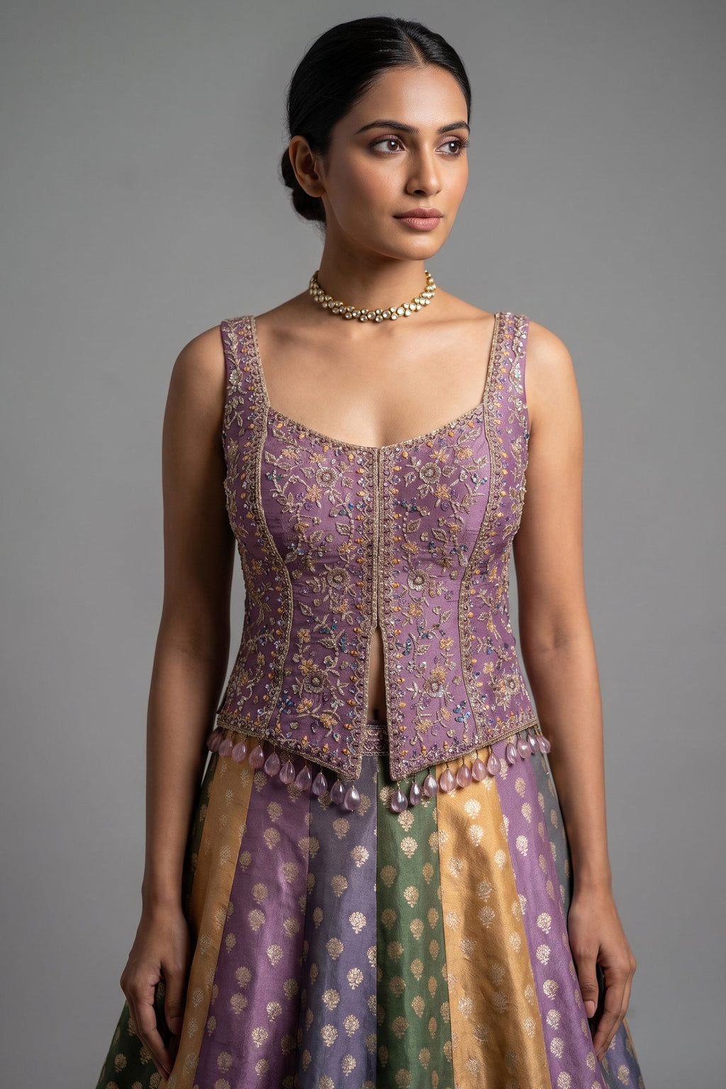 Multi-Tone Shaded Tissue Woven Lehenga Skirt with Lavender Hand-Embroidered Silk Corset Blouse