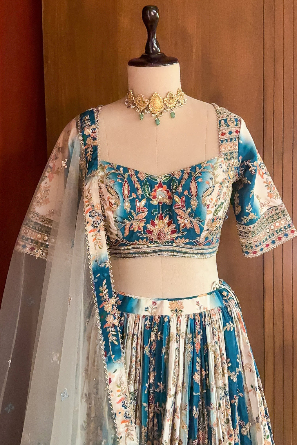 Cream and Rama Green Ombré Crepe Silk Hand-Embroidered Lehenga Set