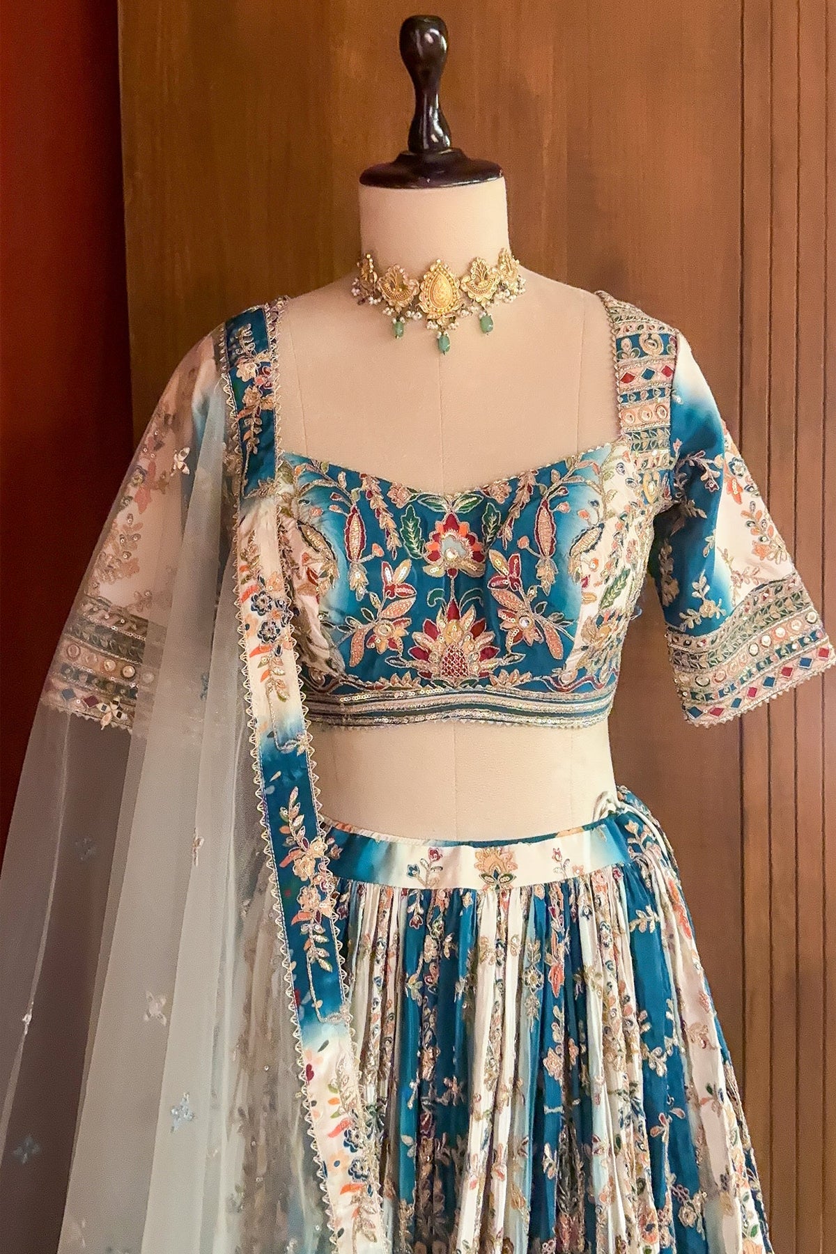 Cream and Rama Green Ombré Crepe Silk Hand-Embroidered Lehenga Set
