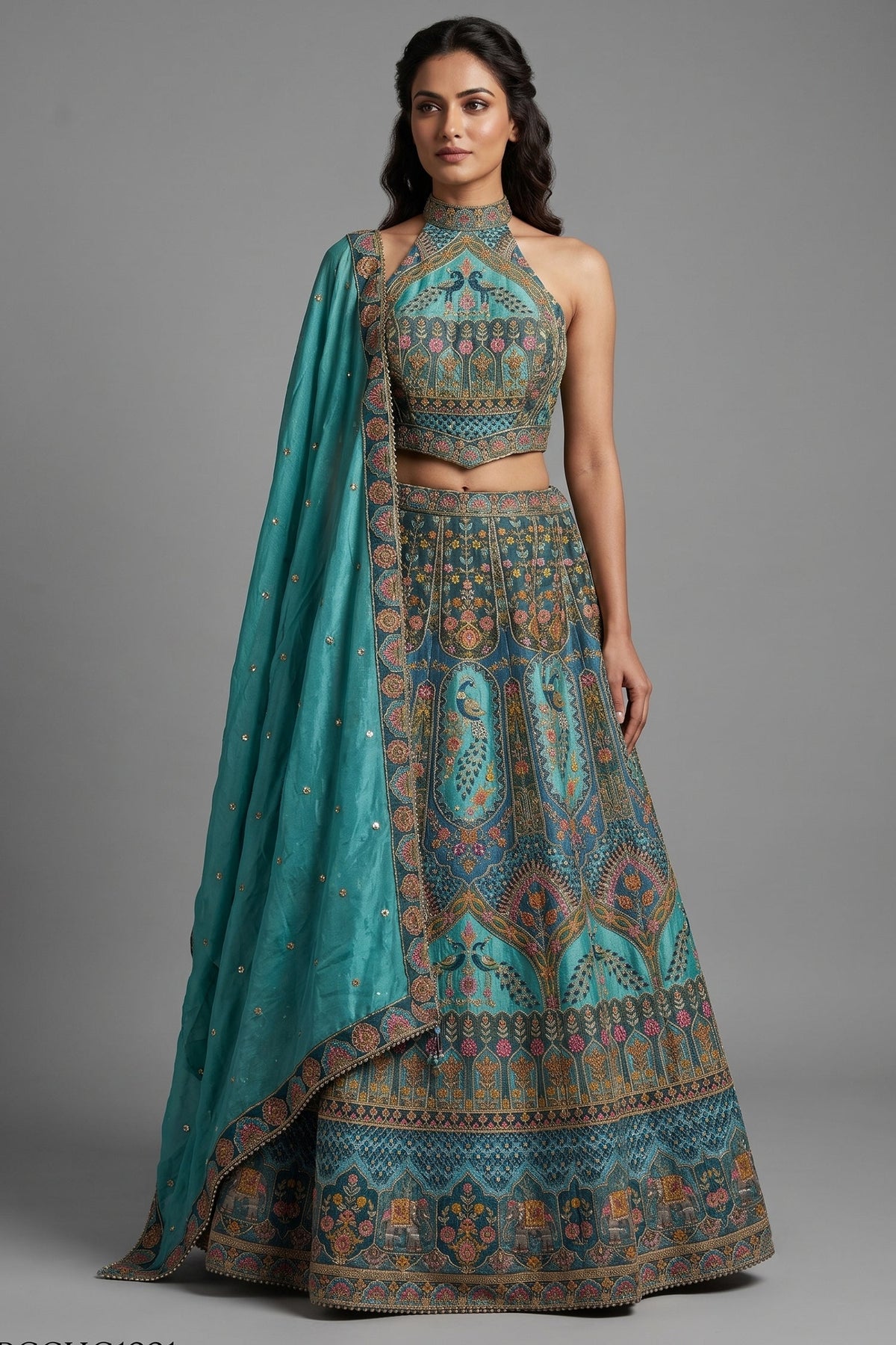 Firuza Blue Silk Pichwai Printed Lehenga with Mirror and Sequin Embroidered Halter Blouse