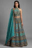 Firuza Blue Silk Pichwai Printed Lehenga with Mirror and Sequin Embroidered Halter Blouse