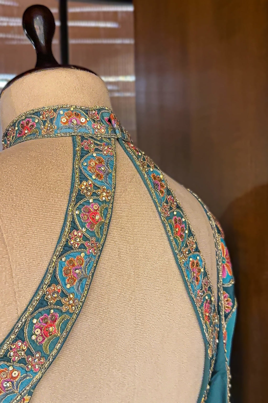 Firuza Blue Silk Pichwai Printed Lehenga with Mirror and Sequin Embroidered Halter Blouse