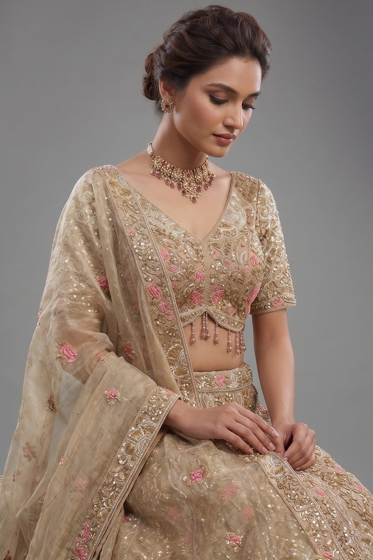 Metallic Beige Tissue Hand-Embroidered Cutdana and Sequin Lehenga Set