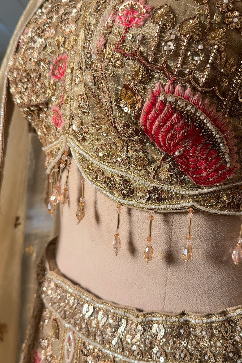 Metallic Beige Tissue Hand-Embroidered Cutdana and Sequin Lehenga Set