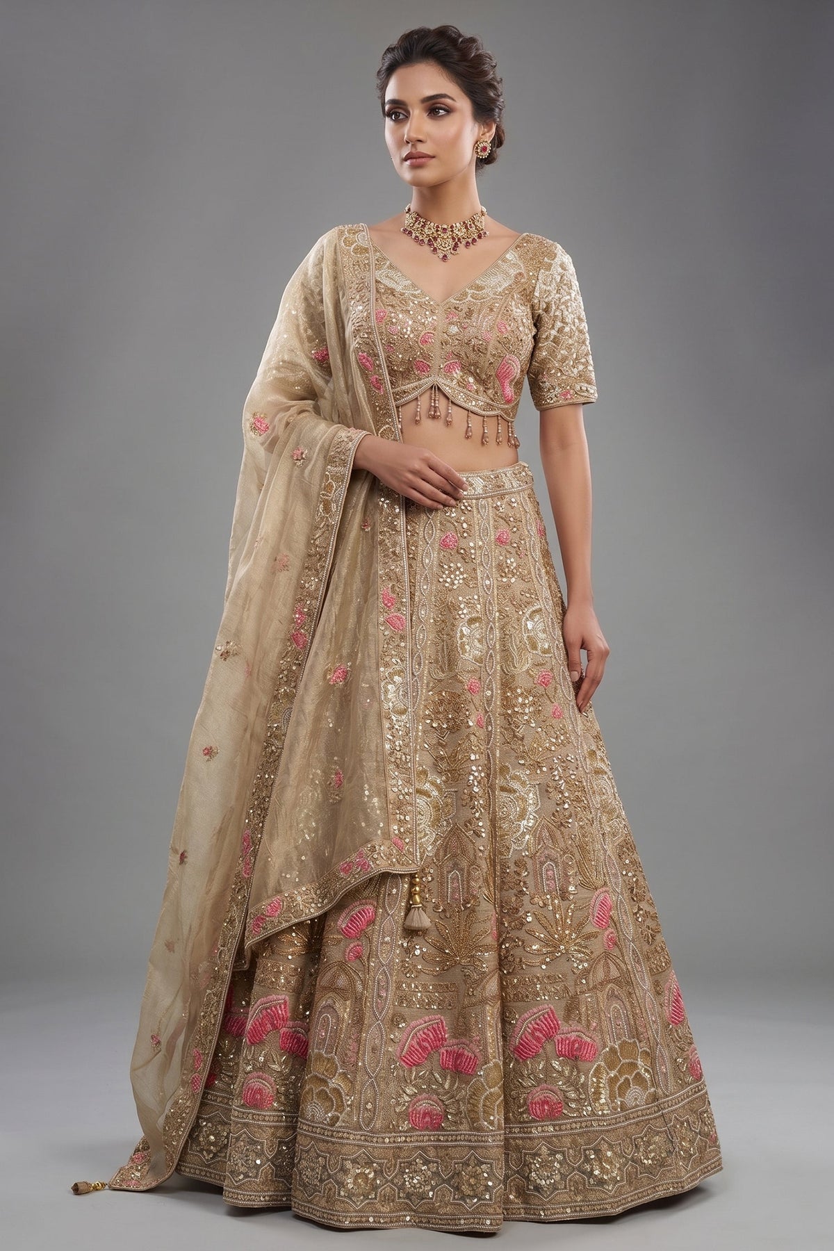Metallic Beige Tissue Hand-Embroidered Cutdana and Sequin Lehenga Set