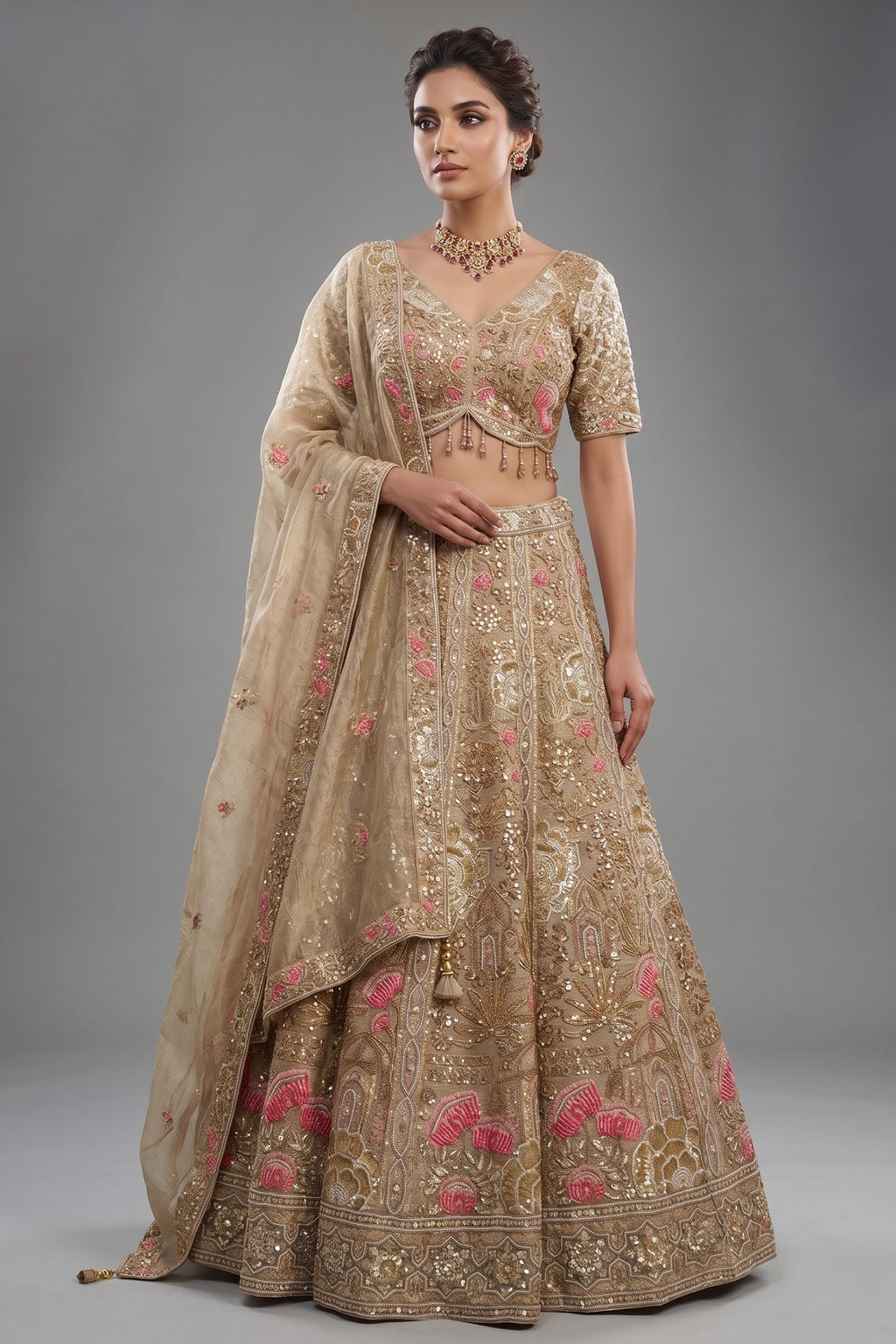 Metallic Beige Tissue Hand-Embroidered Cutdana and Sequin Lehenga Set