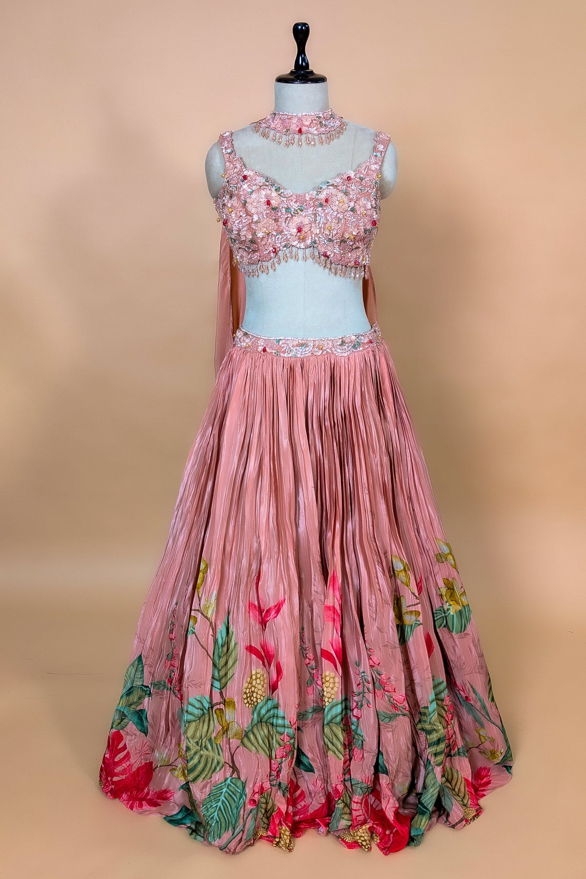 Dusty Rose Chinon Crepe Silk Crush Lehenga with Encrusted Cutdana Bustier Choli