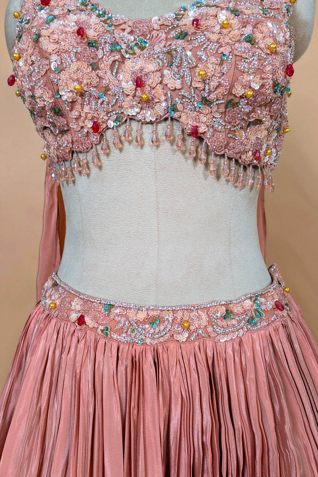 Dusty Rose Chinon Crepe Silk Crush Lehenga with Encrusted Cutdana Bustier Choli